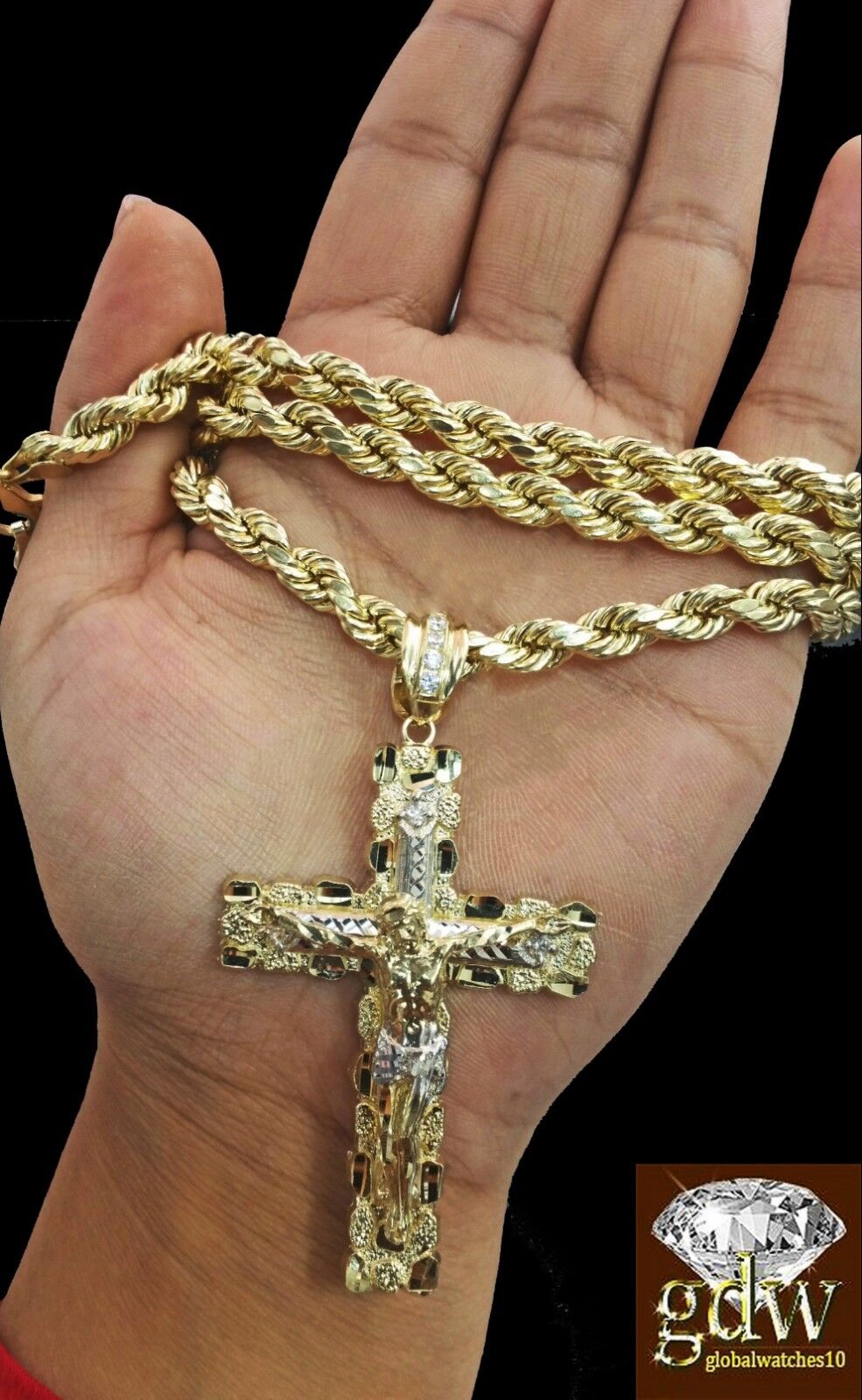 Real 10K Yellow Gold 28 Inch Rope Chain with Jesus Cross Charm Pendant - GoldenlinQ